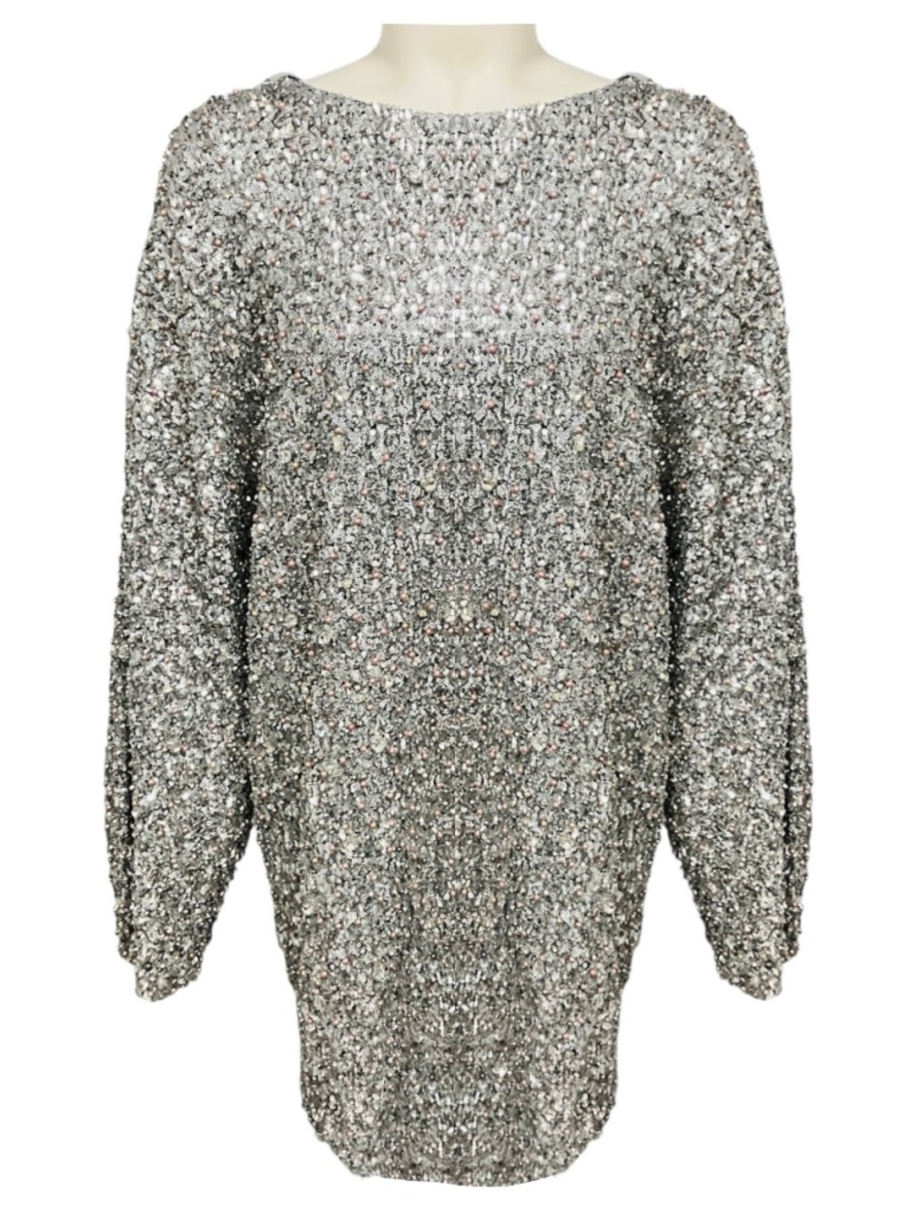 ISABEL MARANT SILVER SEQUIN, PEARL, AND STRASS EMBELLISHED MINI COCKTAIL DRESS